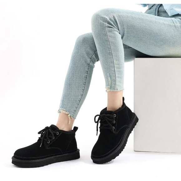 Women's Black Genuine Suede Mini Fur Lined Ankle Boots Short Lace Up Snow Boots - Picture 2 of 7